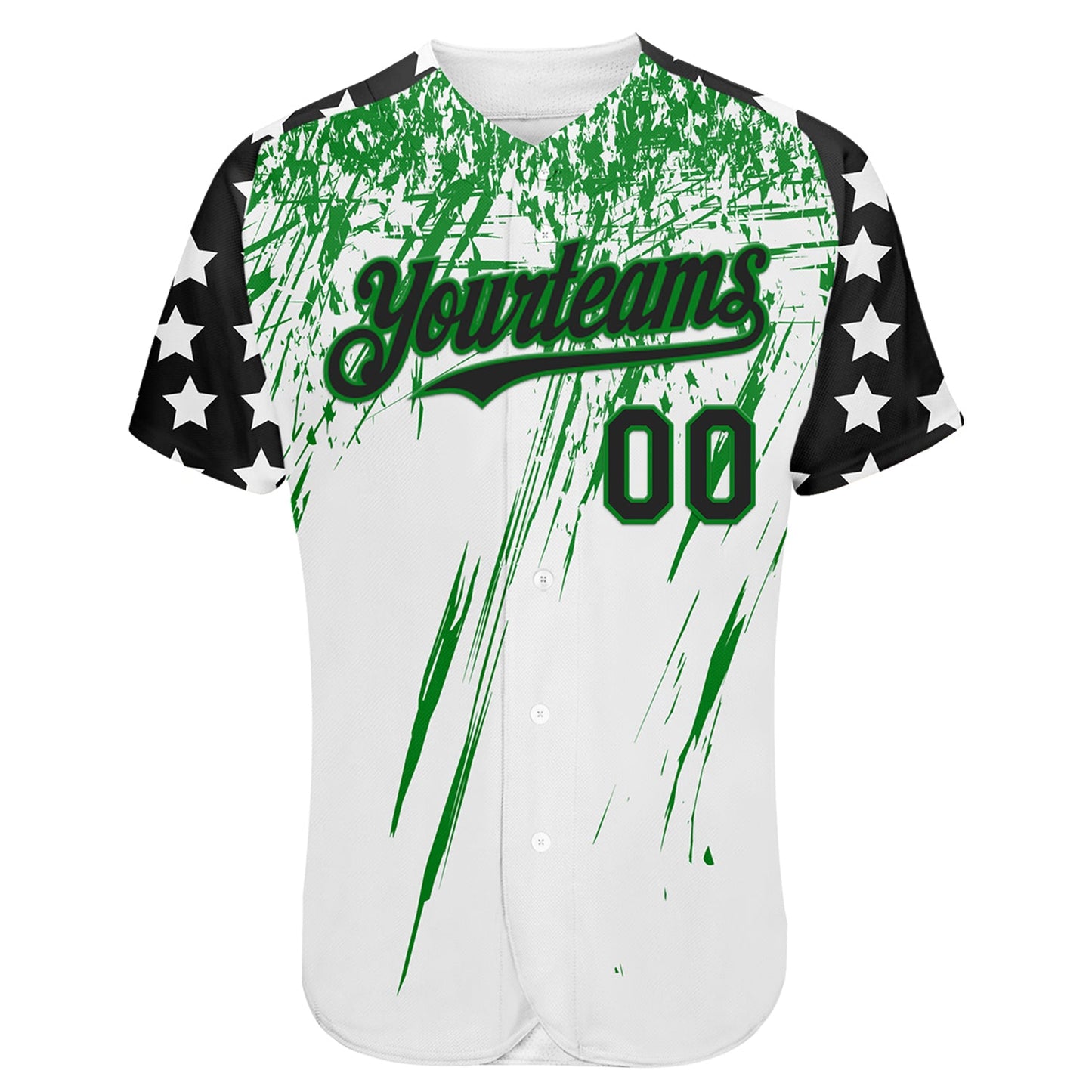 Custom White Black-Grass Green Splatter Brush Stroke Star Raglan Sleeves Authentic Baseball Jersey view 2