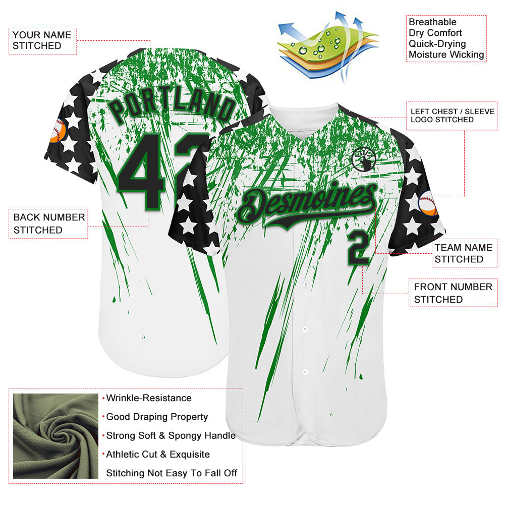 Custom White Black-Grass Green Splatter Brush Stroke Star Raglan Sleeves Authentic Baseball Jersey view 3