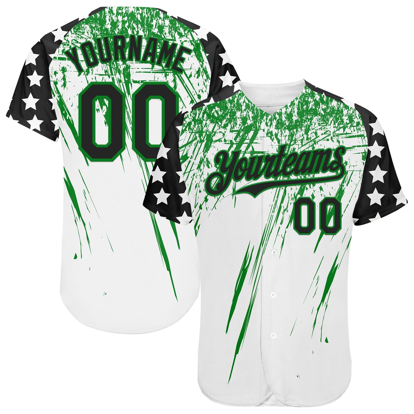 Custom White Black-Grass Green Splatter Brush Stroke Star Raglan Sleeves Authentic Baseball Jersey - Main View