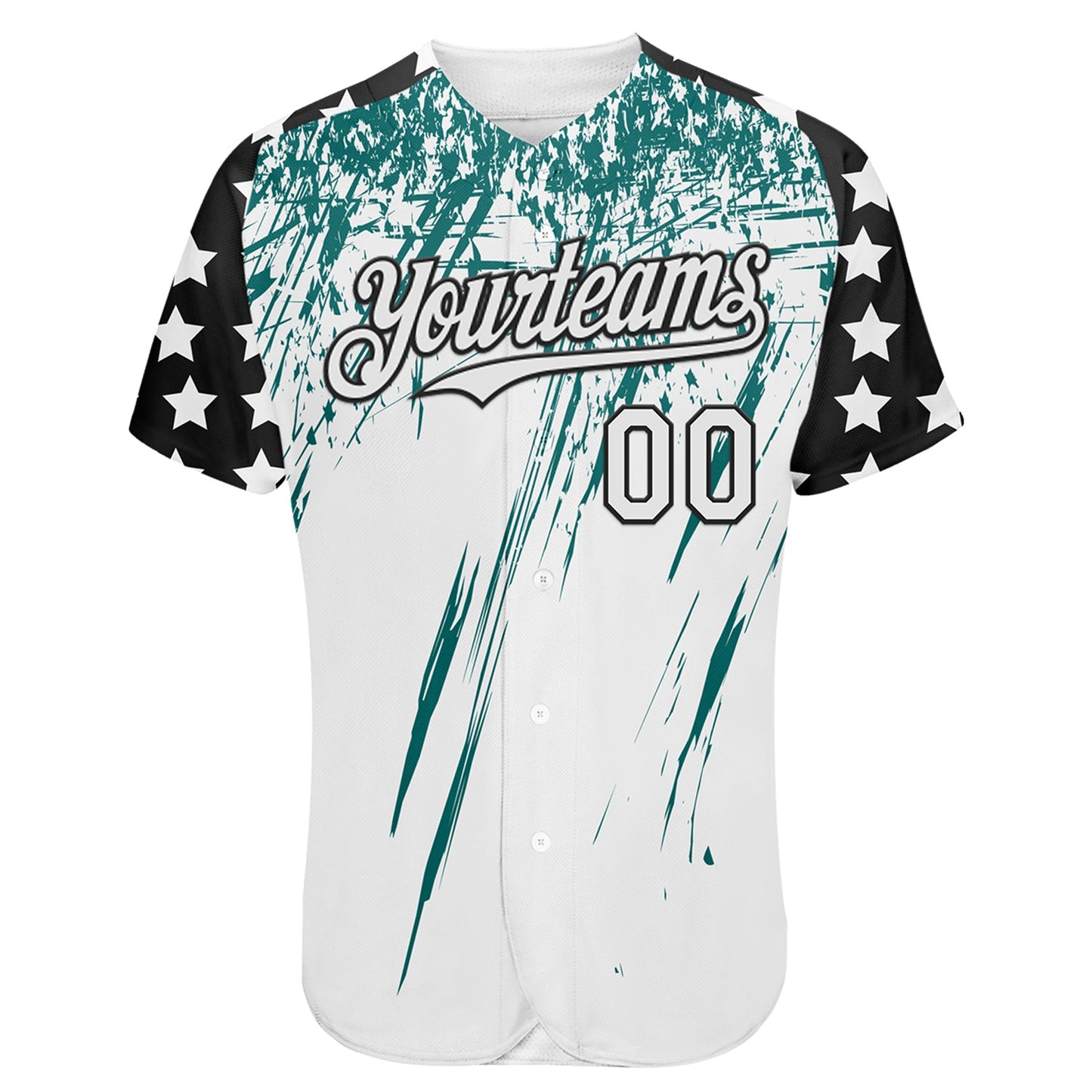Custom White Black-Teal Splatter Brush Stroke Star Raglan Sleeves Authentic Baseball Jersey view 2
