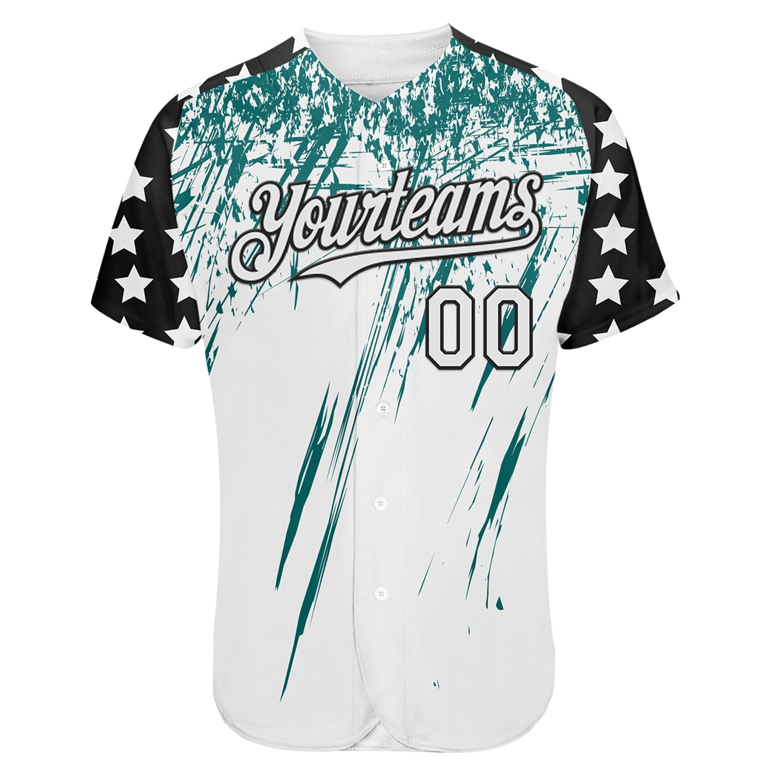 Custom White Black-Teal Splatter Brush Stroke Star Raglan Sleeves Authentic Baseball Jersey view 2