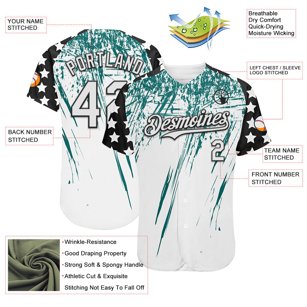 Custom White Black-Teal Splatter Brush Stroke Star Raglan Sleeves Authentic Baseball Jersey view 3