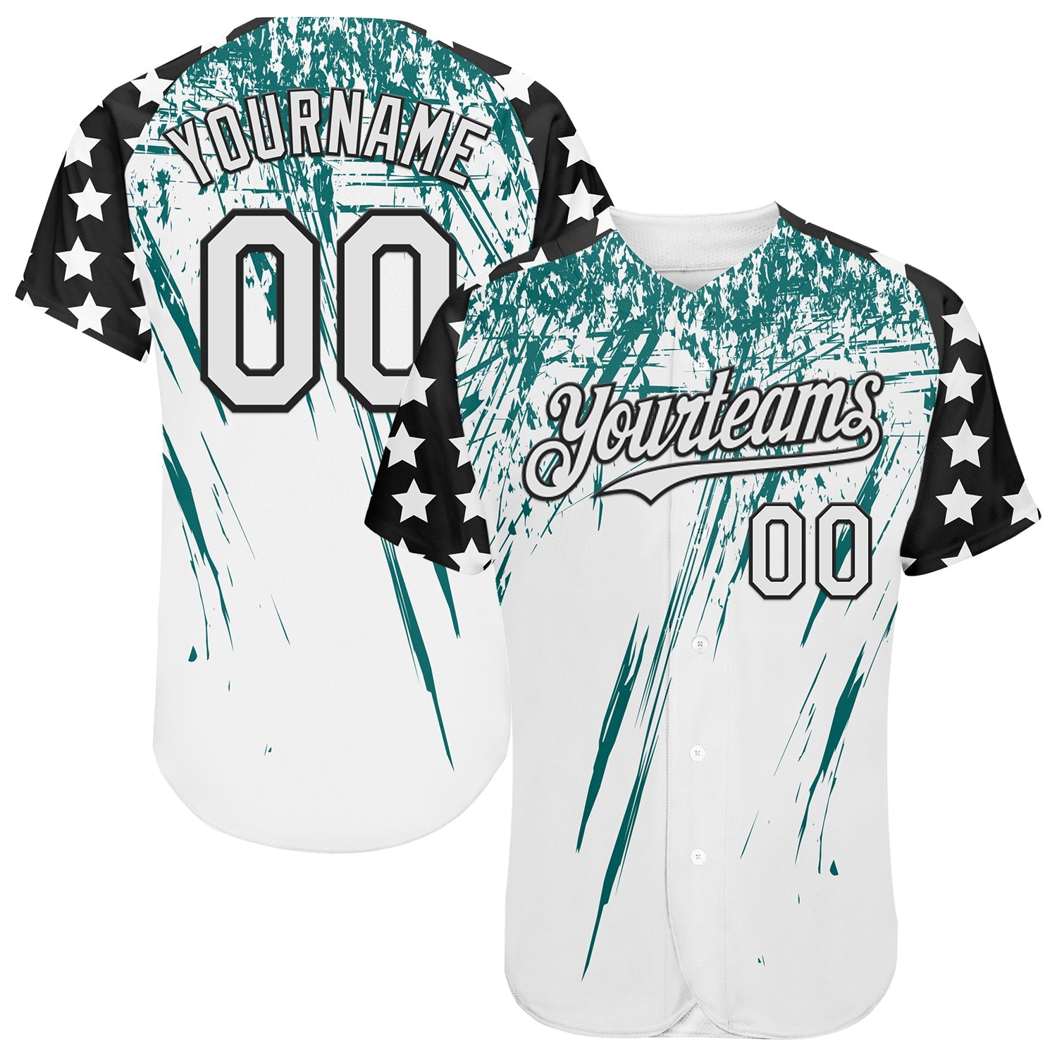 Custom White Black-Teal Splatter Brush Stroke Star Raglan Sleeves Authentic Baseball Jersey - Main View