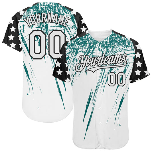 Custom White Black-Teal Splatter Brush Stroke Star Raglan Sleeves Authentic Baseball Jersey - Main View