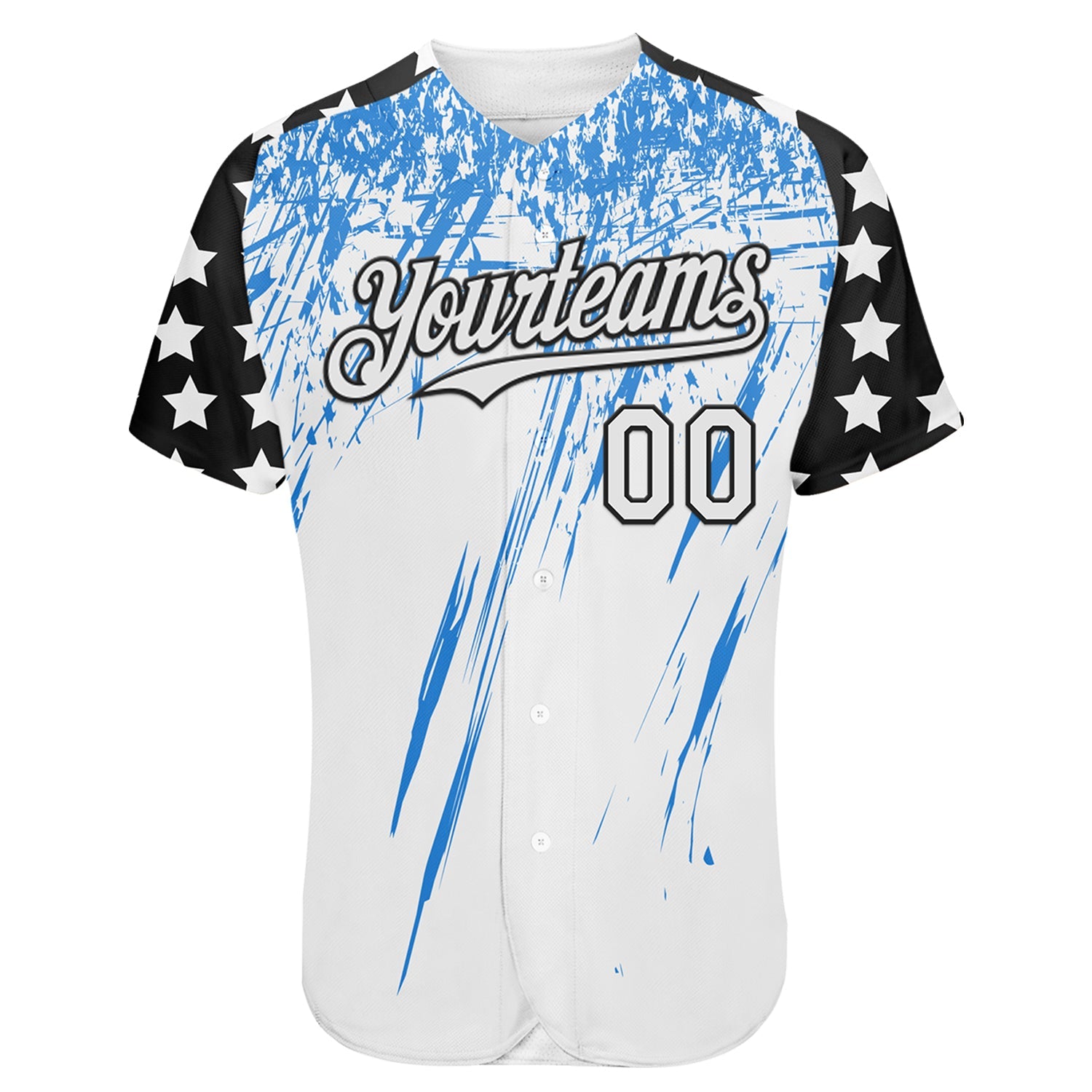 Custom White Black-Powder Blue Splatter Brush Stroke Star Raglan Sleeves Authentic Baseball Jersey view 2