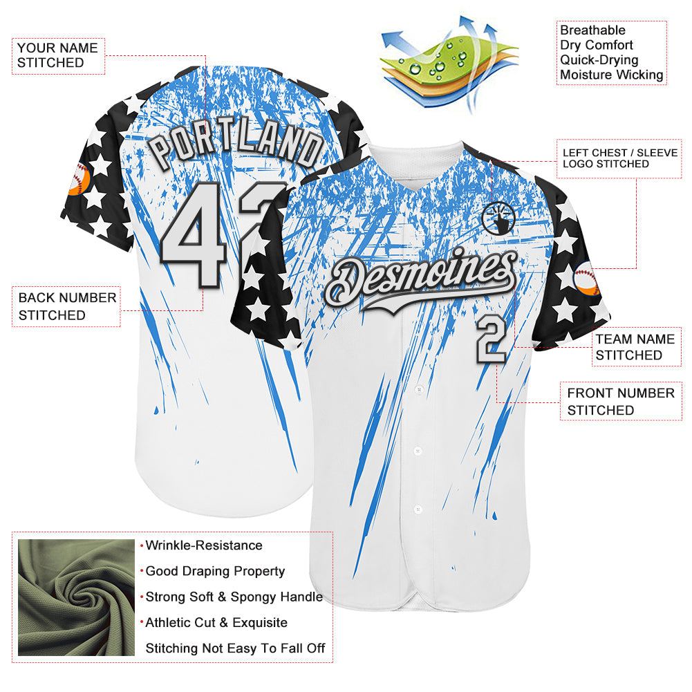 Custom White Black-Powder Blue Splatter Brush Stroke Star Raglan Sleeves Authentic Baseball Jersey view 3