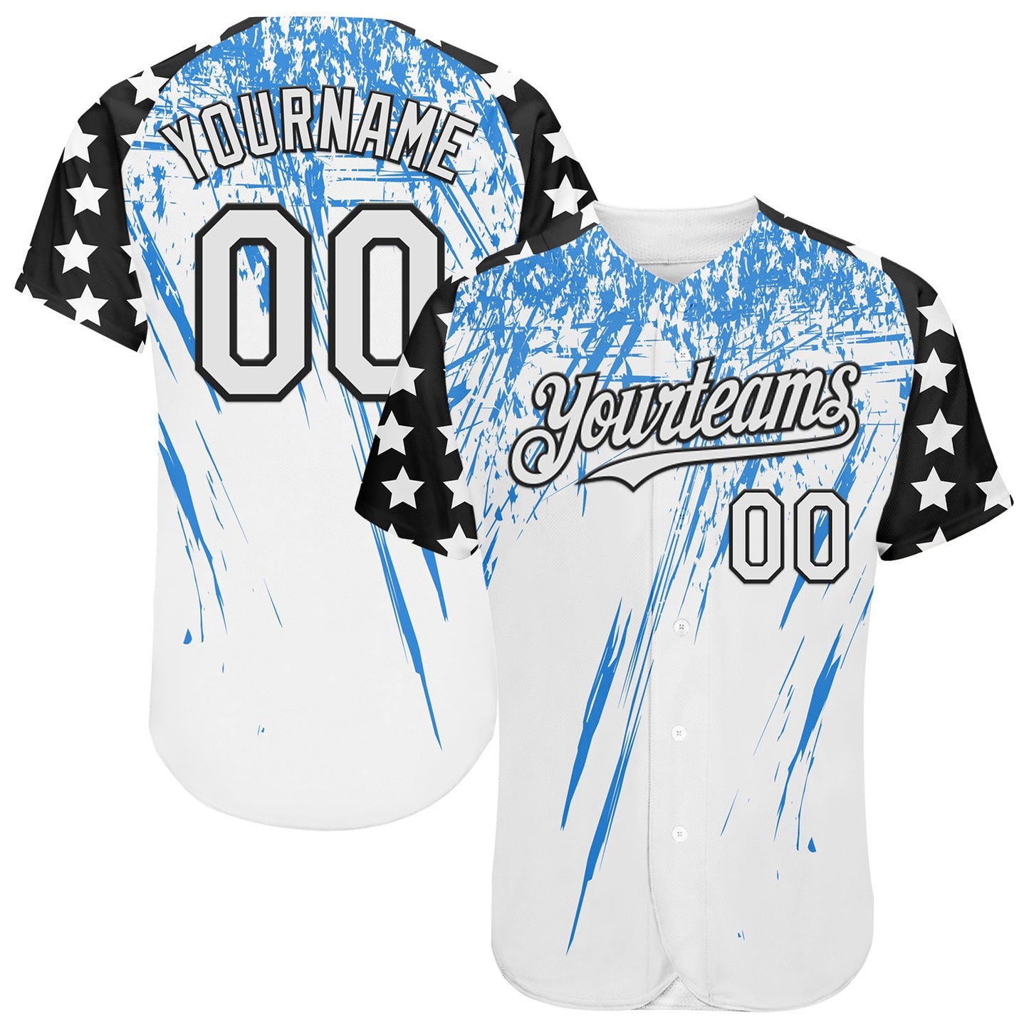 Custom White Black-Powder Blue Splatter Brush Stroke Star Raglan Sleeves Authentic Baseball Jersey - Main View