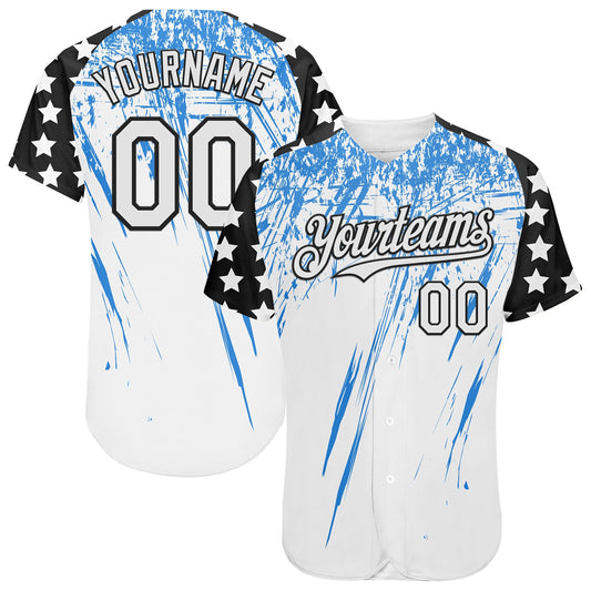 Custom White Black-Powder Blue Splatter Brush Stroke Star Raglan Sleeves Authentic Baseball Jersey - Main View