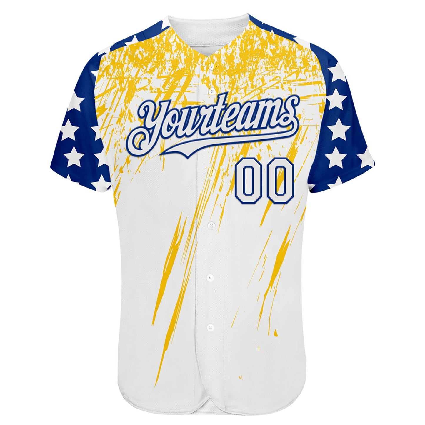 Custom White Royal-Yellow Splatter Brush Stroke Star Raglan Sleeves Authentic Baseball Jersey view 2