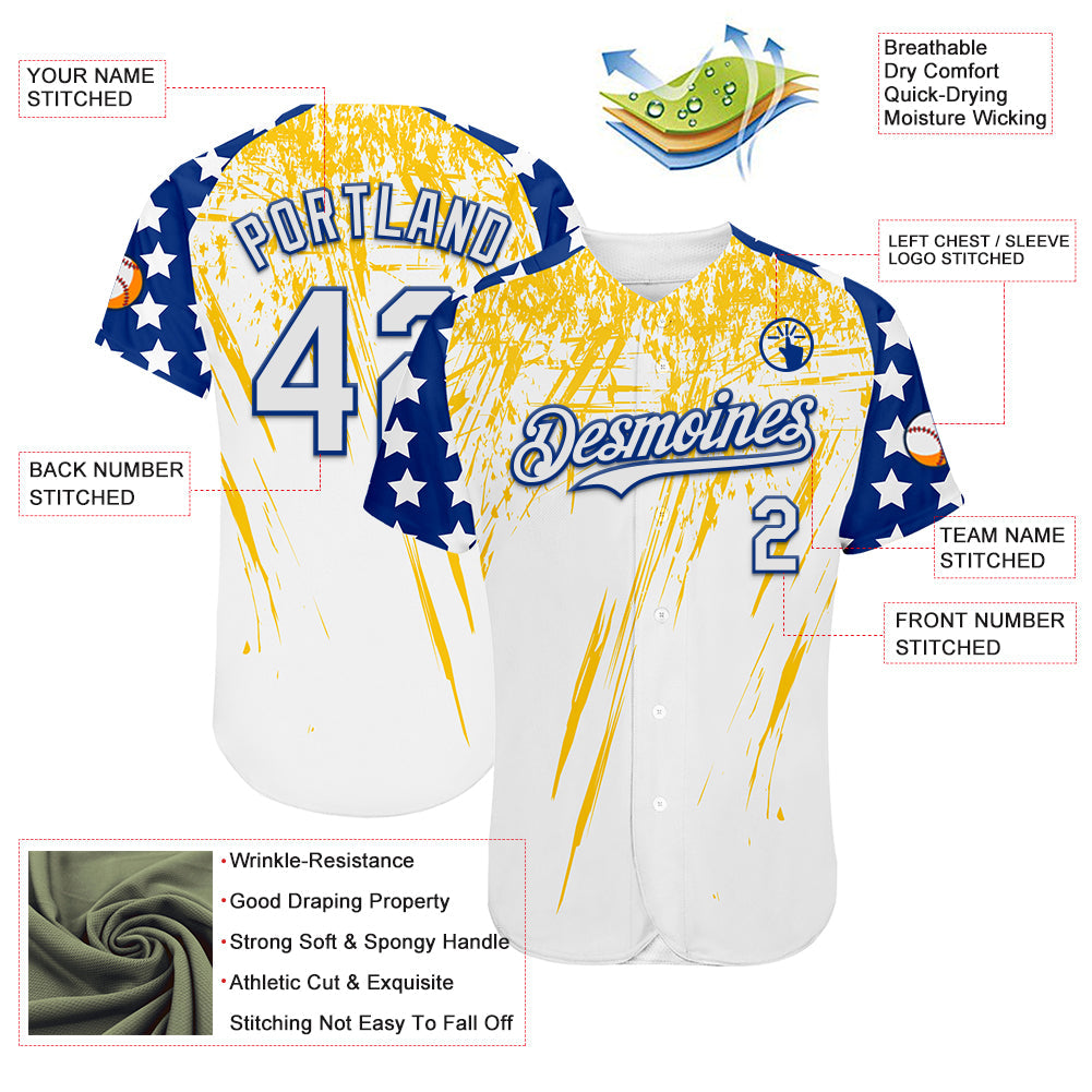 Custom White Royal-Yellow Splatter Brush Stroke Star Raglan Sleeves Authentic Baseball Jersey view 3