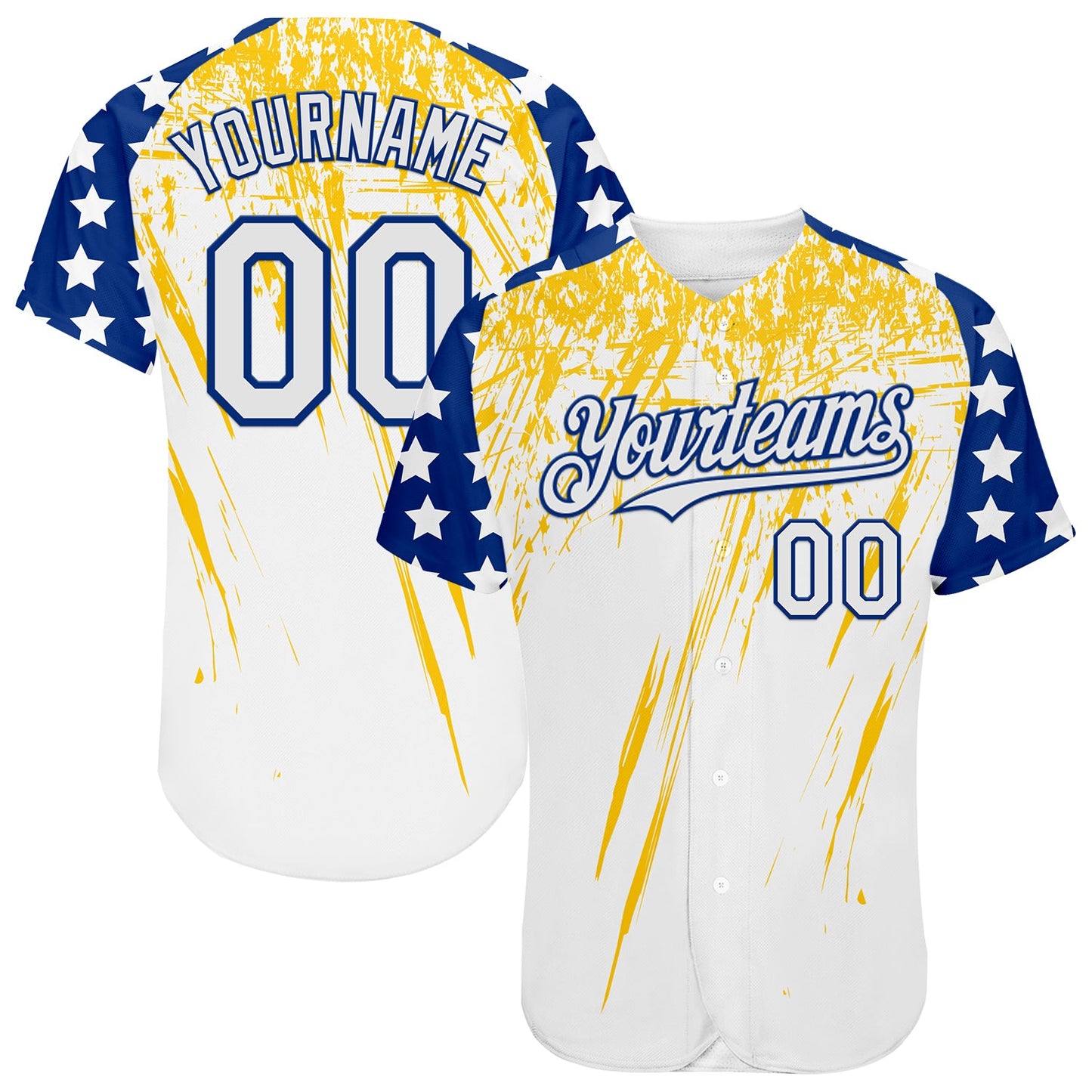 Custom White Royal-Yellow Splatter Brush Stroke Star Raglan Sleeves Authentic Baseball Jersey - Main View