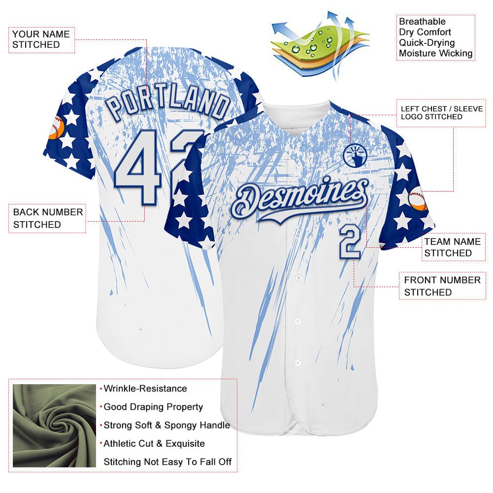 Custom White Royal-Light Blue Splatter Brush Stroke Star Raglan Sleeves Authentic Baseball Jersey view 3
