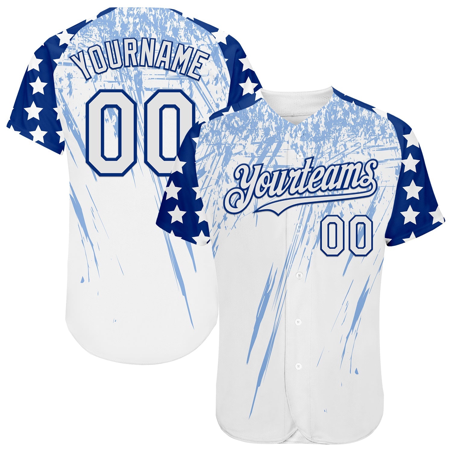 Custom White Royal-Light Blue Splatter Brush Stroke Star Raglan Sleeves Authentic Baseball Jersey - Main View