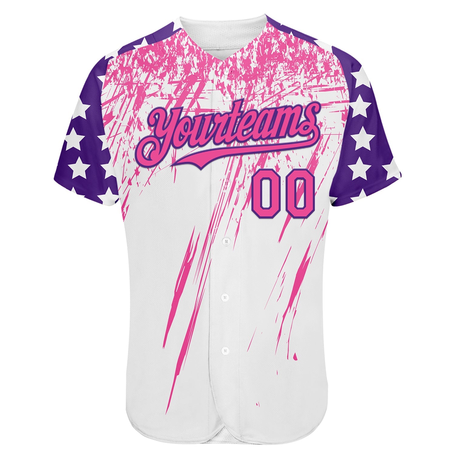 Custom White Pink-Purple Splatter Brush Stroke Star Raglan Sleeves Authentic Baseball Jersey view 2