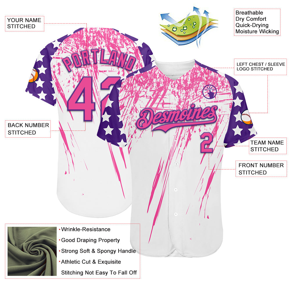 Custom White Pink-Purple Splatter Brush Stroke Star Raglan Sleeves Authentic Baseball Jersey view 3