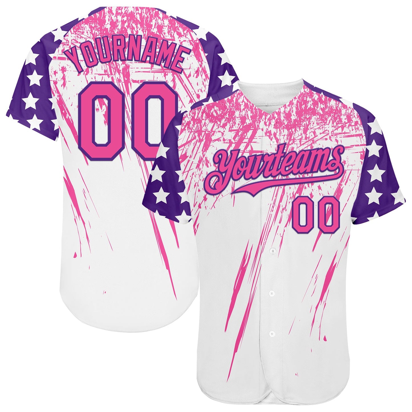 Custom White Pink-Purple Splatter Brush Stroke Star Raglan Sleeves Authentic Baseball Jersey - Main View