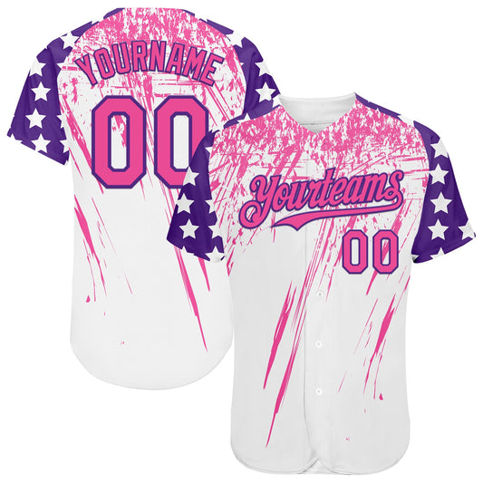 Custom White Pink-Purple Splatter Brush Stroke Star Raglan Sleeves Authentic Baseball Jersey - Main View