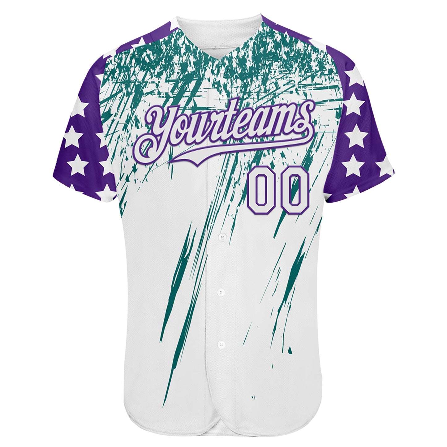 Custom White Purple-Teal Splatter Brush Stroke Star Raglan Sleeves Authentic Baseball Jersey view 2
