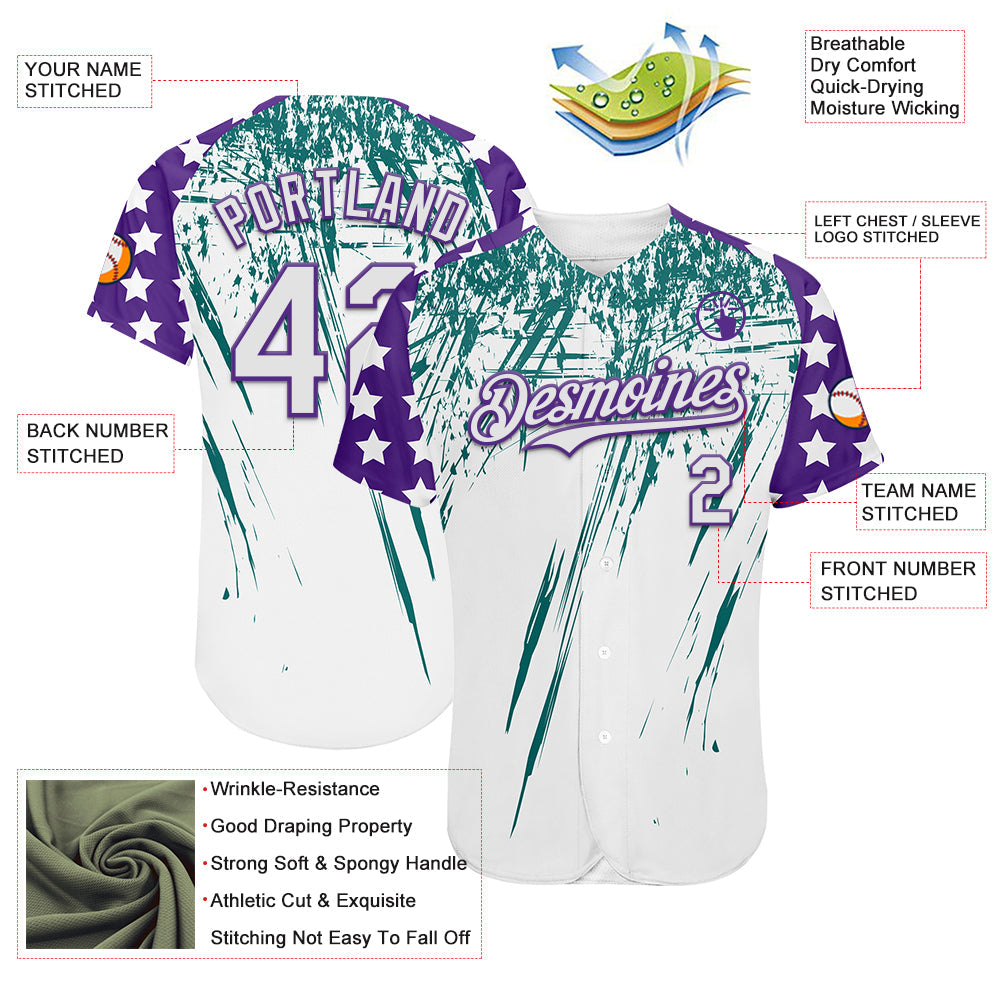 Custom White Purple-Teal Splatter Brush Stroke Star Raglan Sleeves Authentic Baseball Jersey view 3
