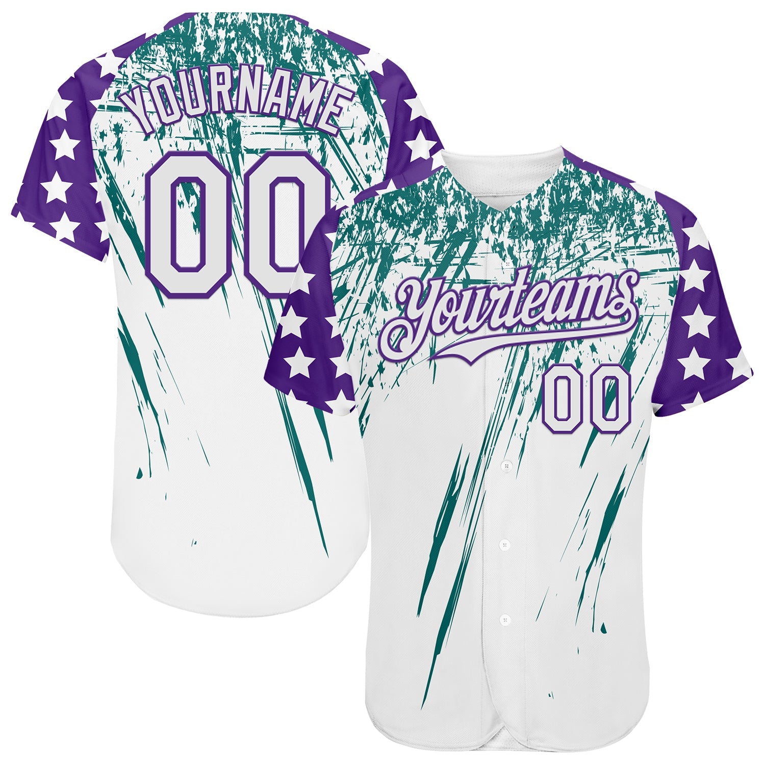 Custom White Purple-Teal Splatter Brush Stroke Star Raglan Sleeves Authentic Baseball Jersey - Main View