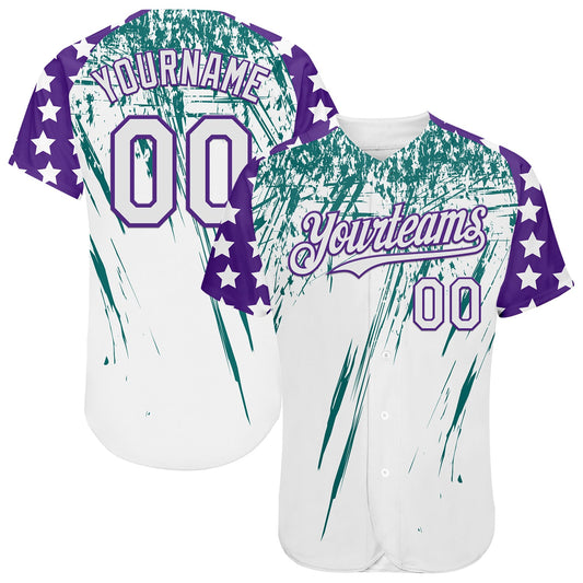Custom White Purple-Teal Splatter Brush Stroke Star Raglan Sleeves Authentic Baseball Jersey - Main View