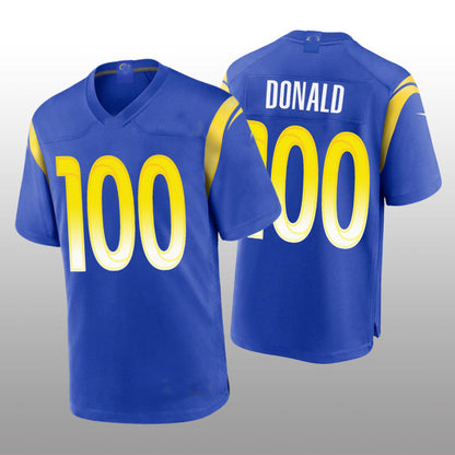 Custom LA.Rams Football Jerseys Aaron Donald Royal Reaches 100 Career Sacks Game Jersey Stitched Jersey - Main View