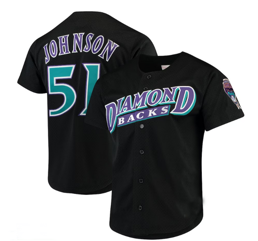 #51 Randy Johnson Arizona Diamondbacks Mitchell & Ness Fashion Cooperstown Collection Mesh Batting Practice Jersey - Black Stitches Baseball Jerseys - Main View