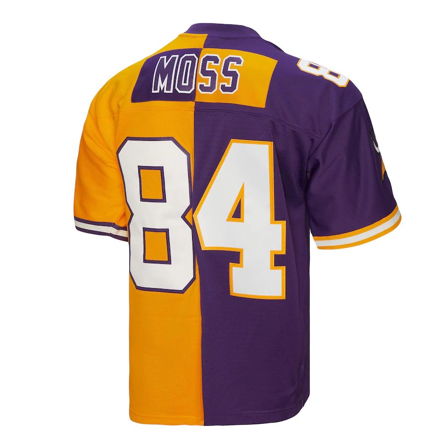 MN.Vikings #84 Randy Moss Mitchell & Ness 1998 Split Legacy Replica Jersey  Purple Gold Stitched American Football Jerseys - Main View