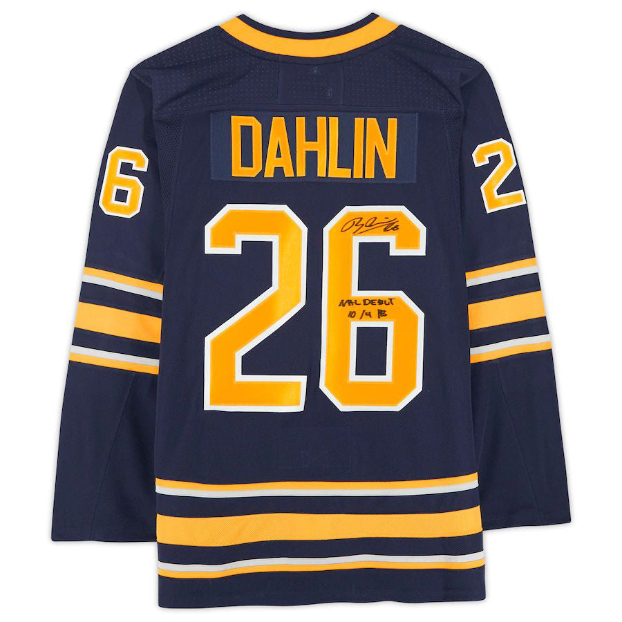 B.Sabres #26 Rasmus Dahlin Fanatics Authentic Autographed Jersey with Debut 10-4-18 Inscription Navy Stitched American Hockey Jerseys - Main View