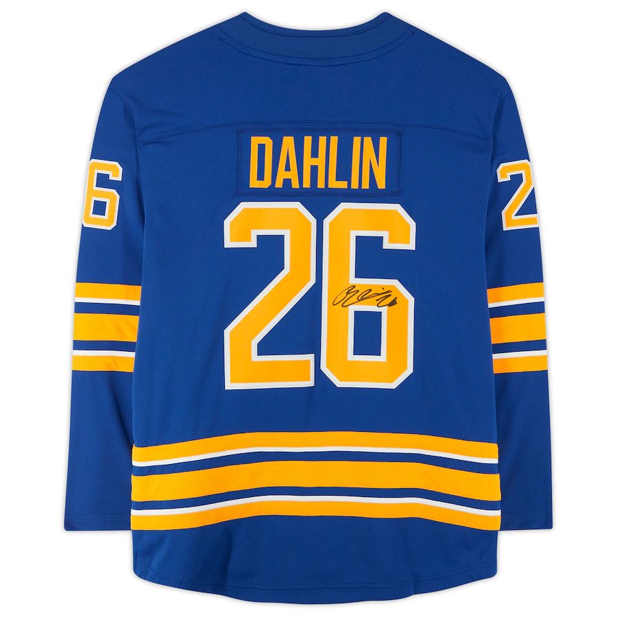 B.Sabres #26 Rasmus Dahlin Fanatics Authentic Autographed Royal Blue Fanatics Breakaway Jersey Stitched American Hockey Jerseys - Main View