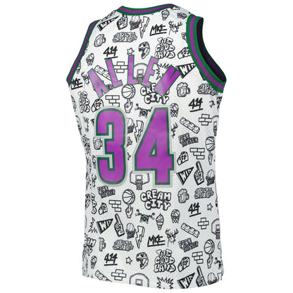 M.Bucks #34 Ray Allen Mitchell & Ness 2000-01 Hardwood Classics Doodle Swingman Jersey White Stitched American Basketball Jersey - Main View