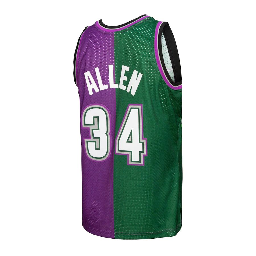 M.Bucks #34 Ray Allen Mitchell & Ness Hardwood Classics 1996-97 Split Swingman Jersey Green-Purple Stitched American Basketball Jersey - Main View