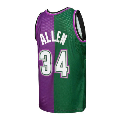 M.Bucks #34 Ray Allen Mitchell & Ness Hardwood Classics 1996-97 Split Swingman Jersey Green-Purple Stitched American Basketball Jersey - Main View
