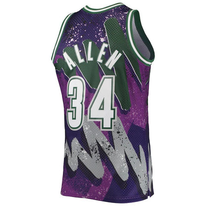 M.Bucks #34 Ray Allen Mitchell & Ness Hardwood Classics 2000-01 Hyper Hoops Swingman Jersey Purple Stitched American Basketball Jersey - Main View