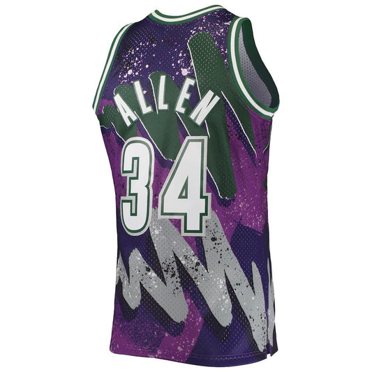 M.Bucks #34 Ray Allen Mitchell & Ness Hardwood Classics 2000-01 Hyper Hoops Swingman Jersey Purple Stitched American Basketball Jersey - Main View