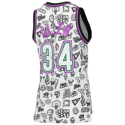 M.Bucks #34 Ray Allen Mitchell & Ness Women's 1996 Doodle Swingman Jersey White Stitched American Basketball Jersey - Main View