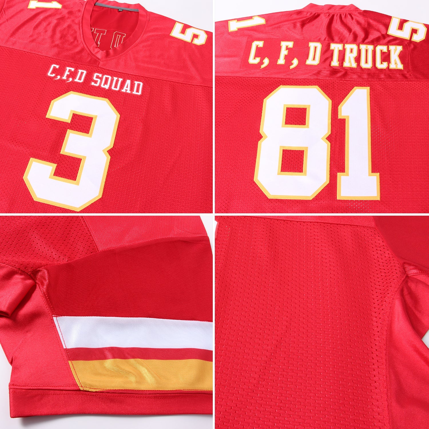 Custom Red White-Gold Mesh Authentic Football Jersey view 6