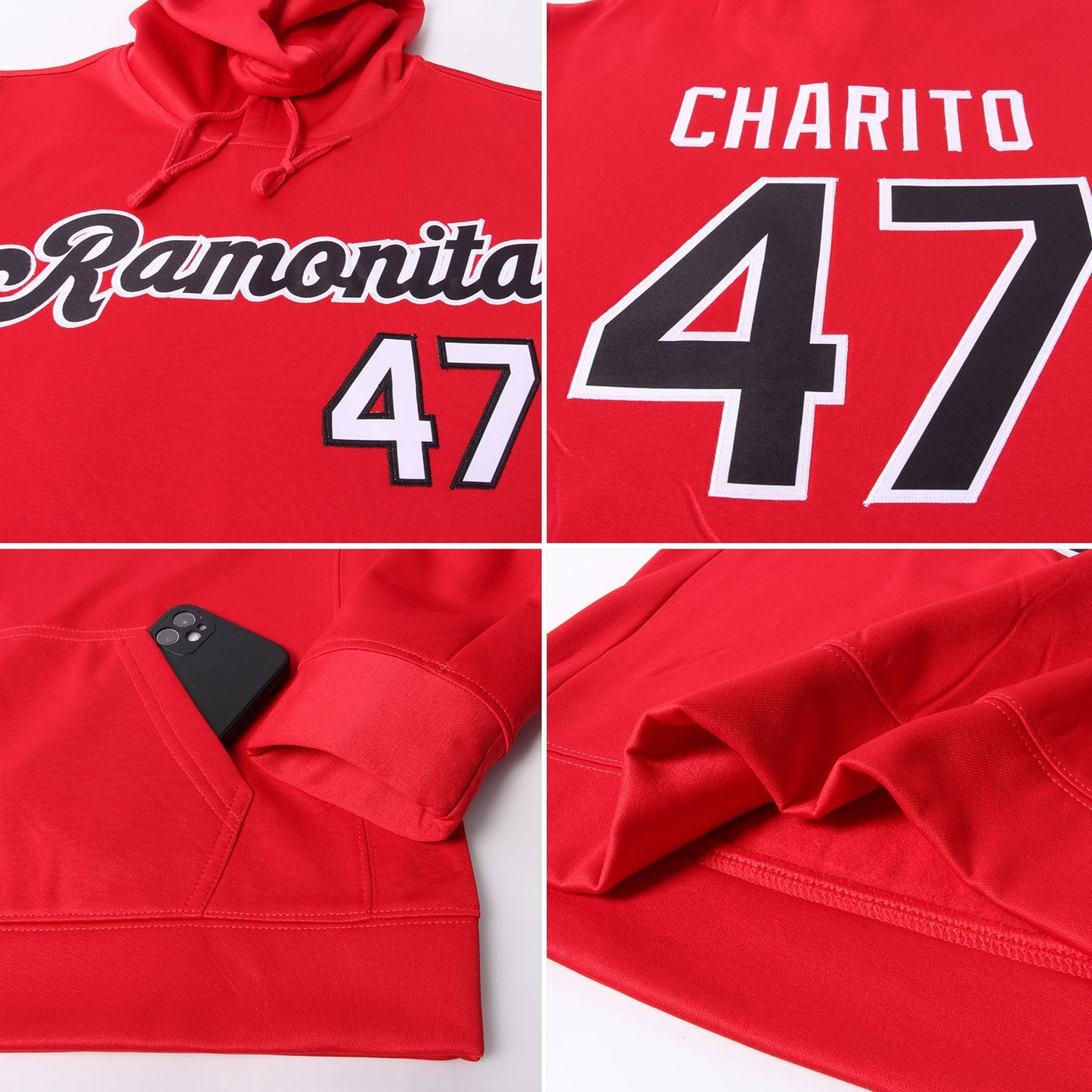 Custom Stitched Red Black-White Sports Pullover Sweatshirt Hoodie view 8
