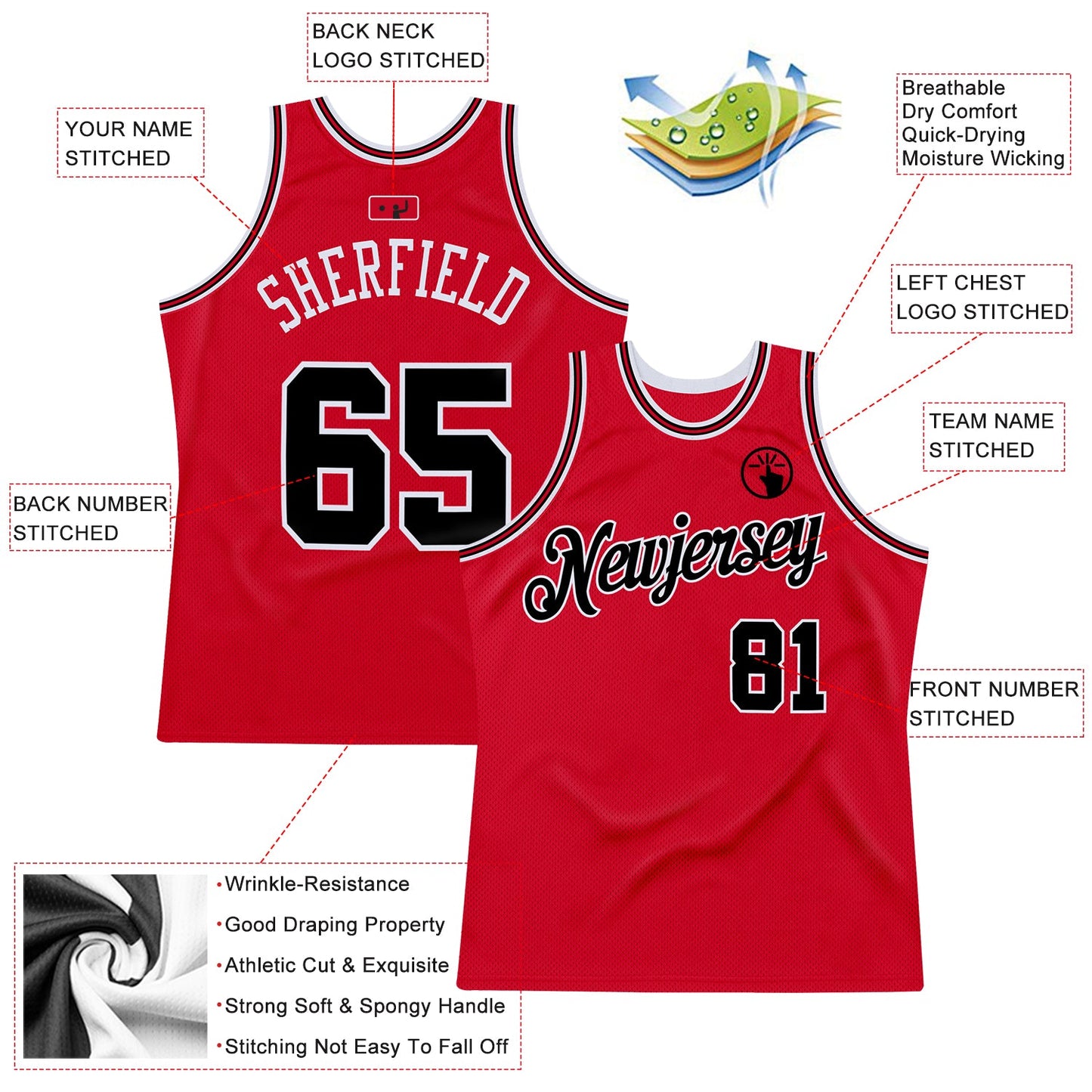 Custom Red Black-Red Authentic Throwback Basketball Jersey view 2