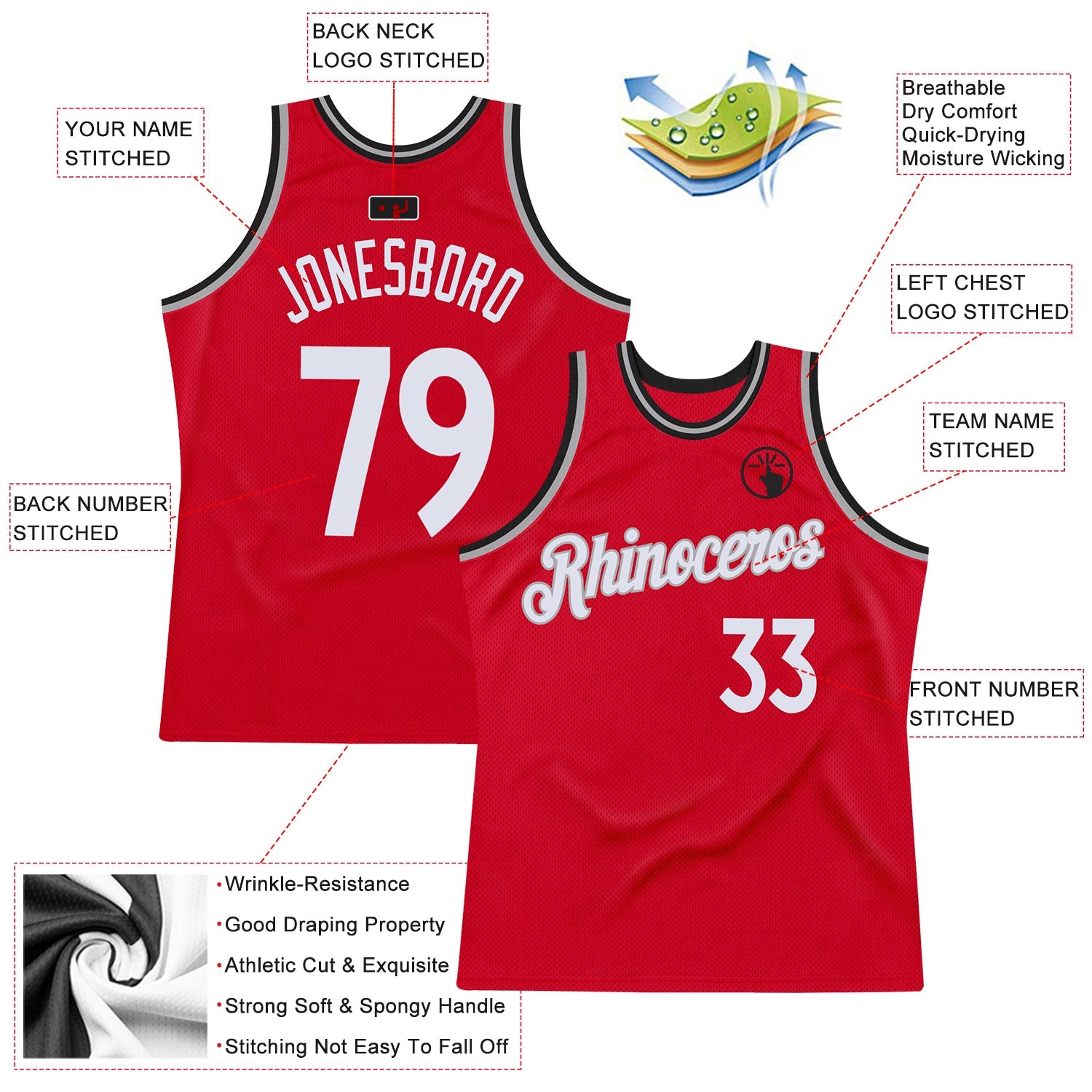 Custom Red White-Black Authentic Throwback Basketball Jersey view 2