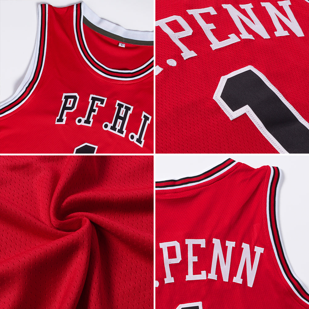 Custom Red White-Black Authentic Throwback Basketball Jersey view 5