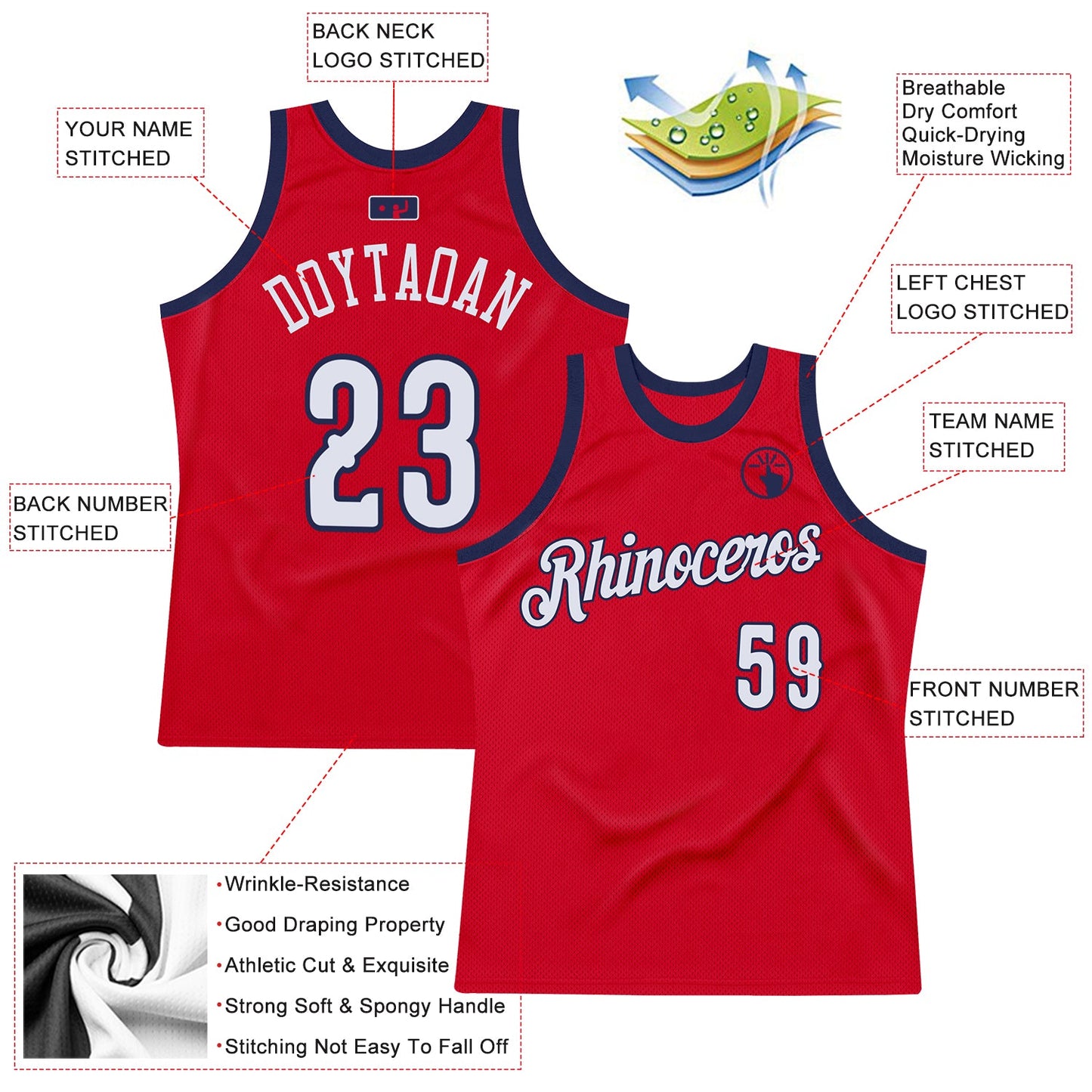Custom Red White-Navy Authentic Throwback Basketball Jersey view 2