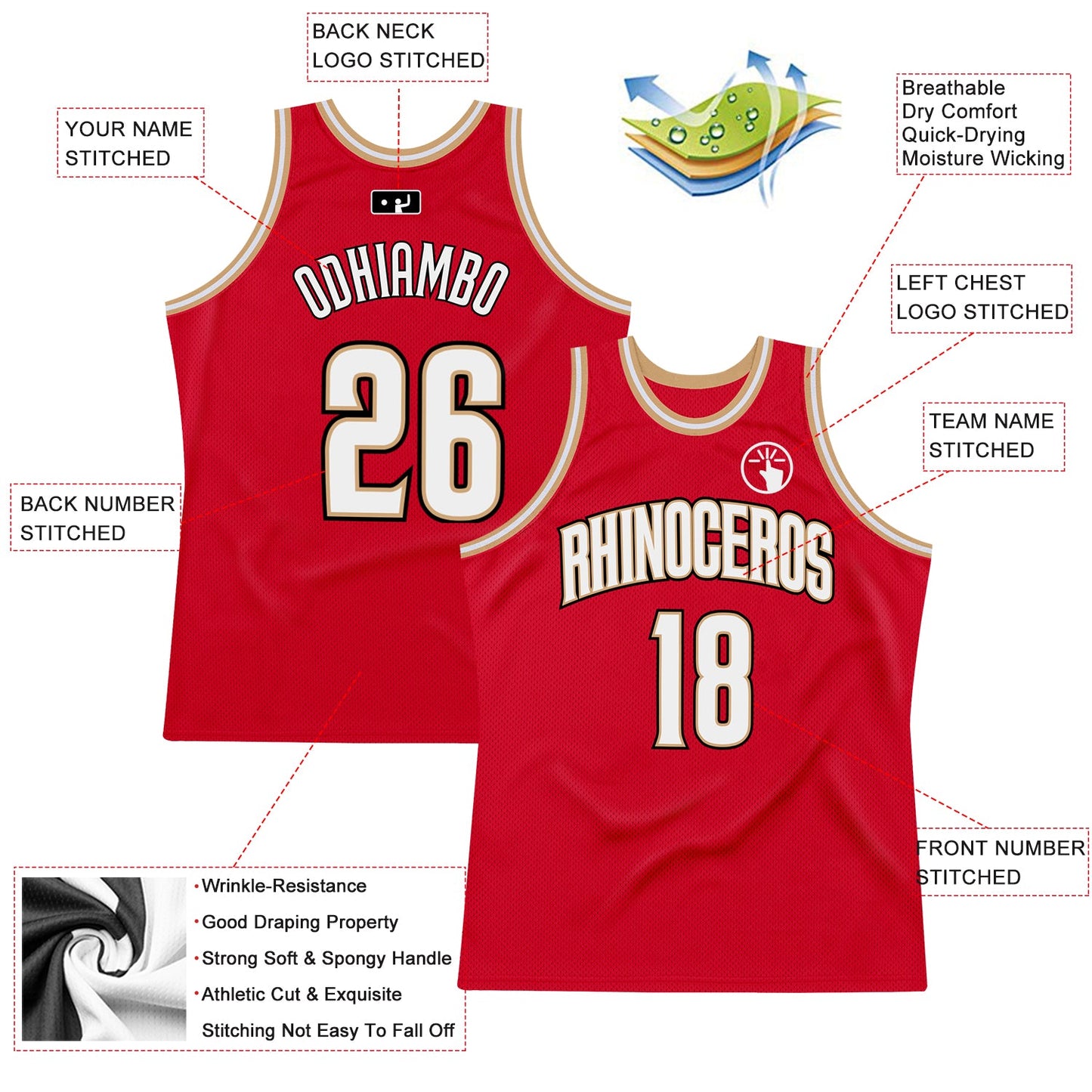 Custom Red White-Old Gold Authentic Throwback Basketball Jersey view 2