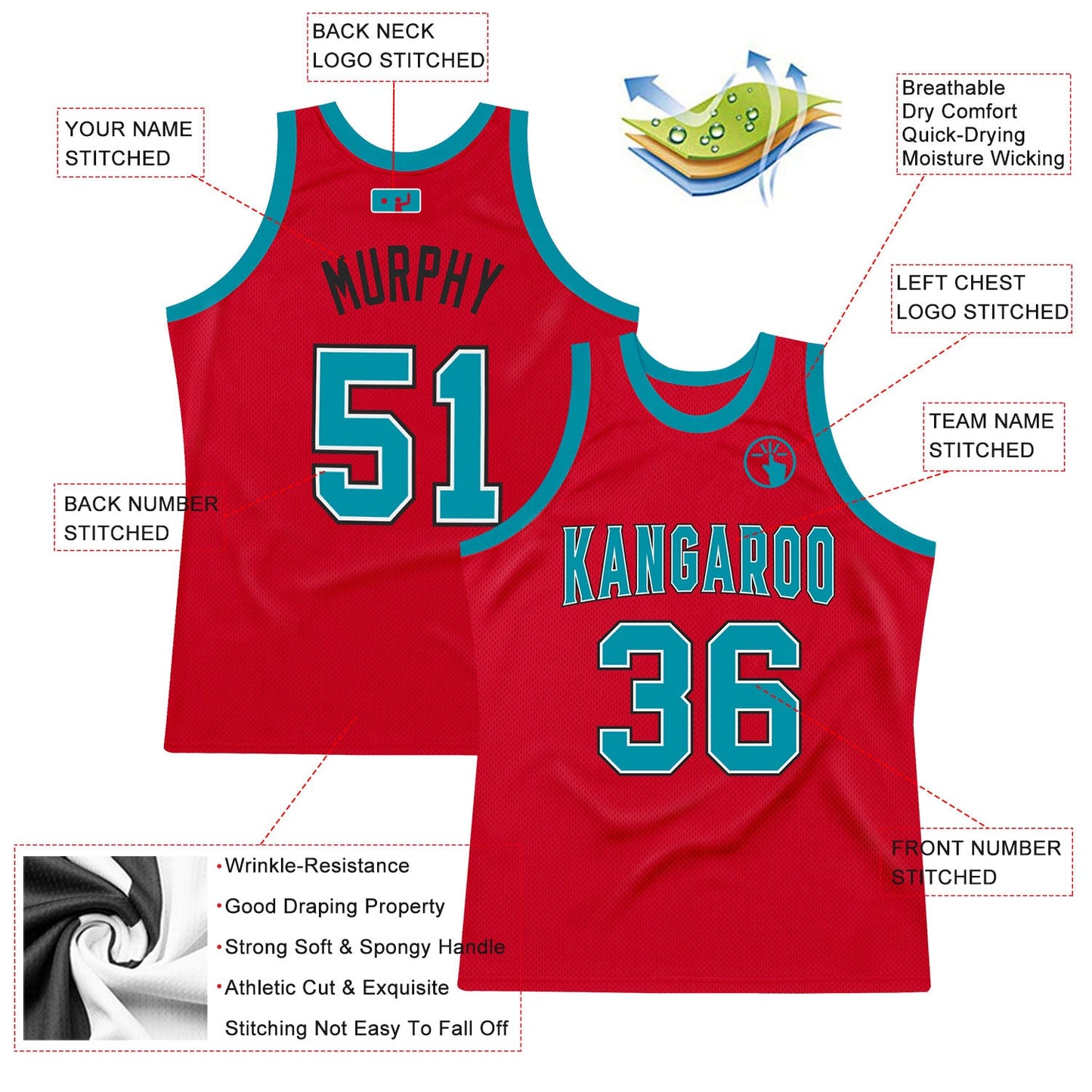 Custom Red Teal-Black Authentic Throwback Basketball Jersey view 2
