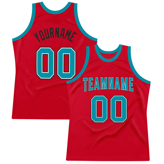 Custom Red Teal-Black Authentic Throwback Basketball Jersey - Main View