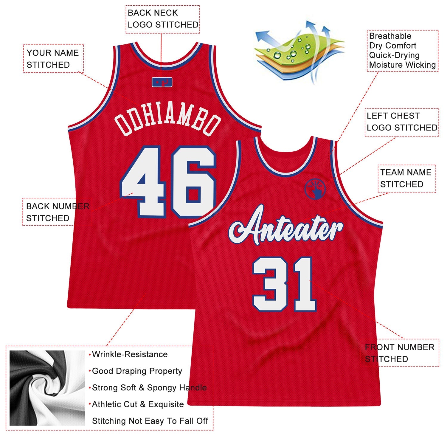 Custom Red White-Royal Authentic Throwback Basketball Jersey view 2