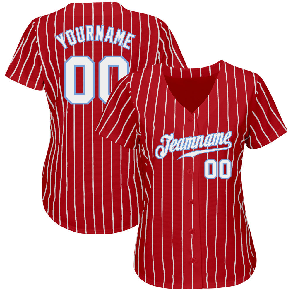 Custom Red White Pinstripe White-Light Blue Authentic Baseball Jersey view 2