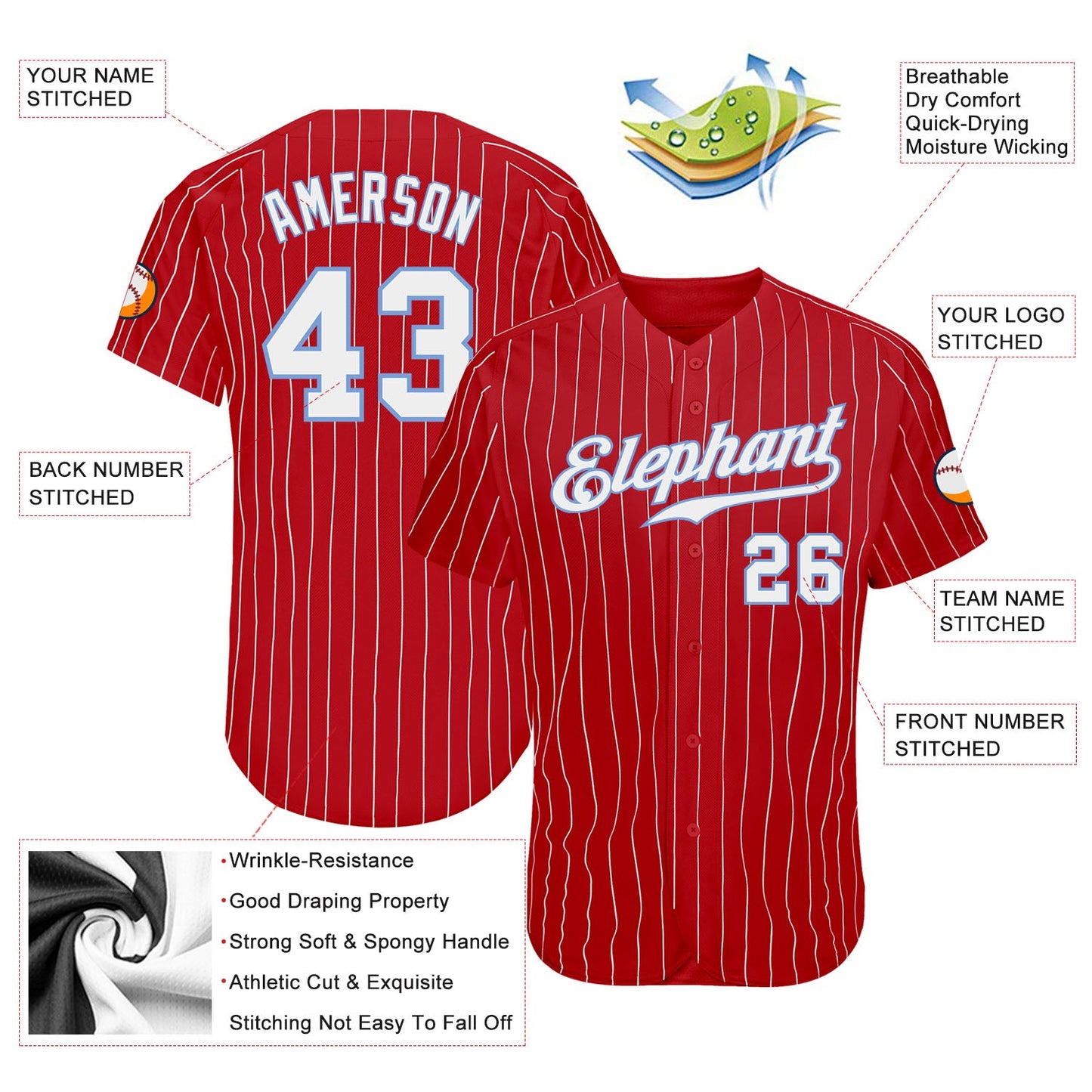 Custom Red White Pinstripe White-Light Blue Authentic Baseball Jersey view 3