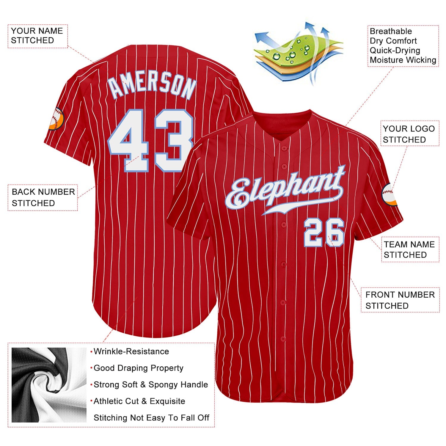 Custom Red White Pinstripe White-Light Blue Authentic Baseball Jersey view 3