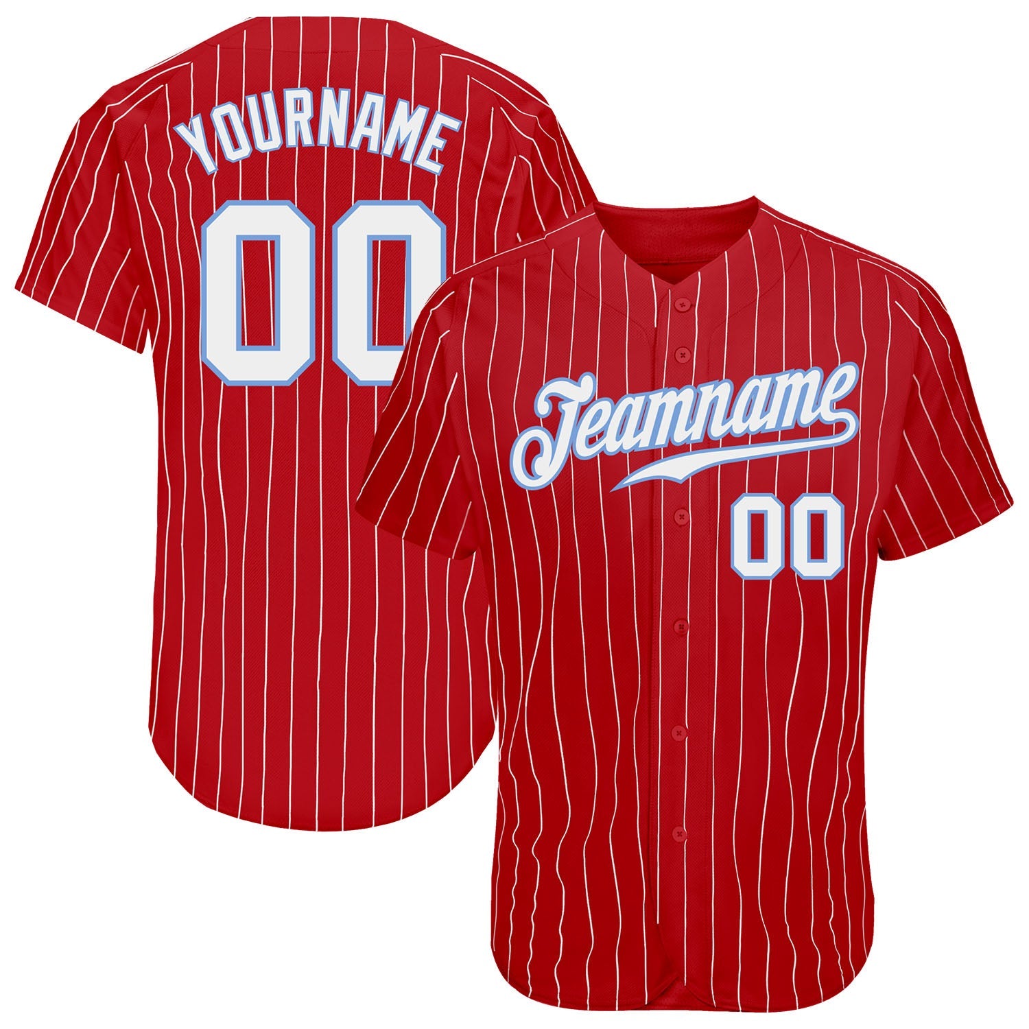 Custom Red White Pinstripe White-Light Blue Authentic Baseball Jersey - Main View